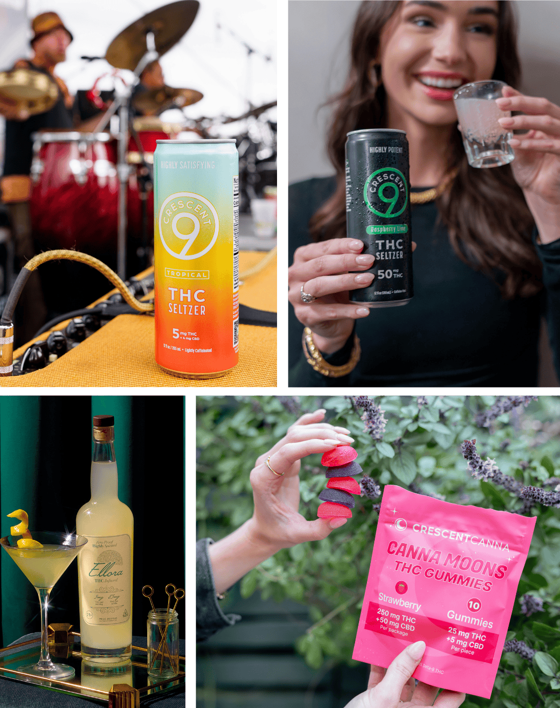 Photos of people enjoying THC drinks and gummies